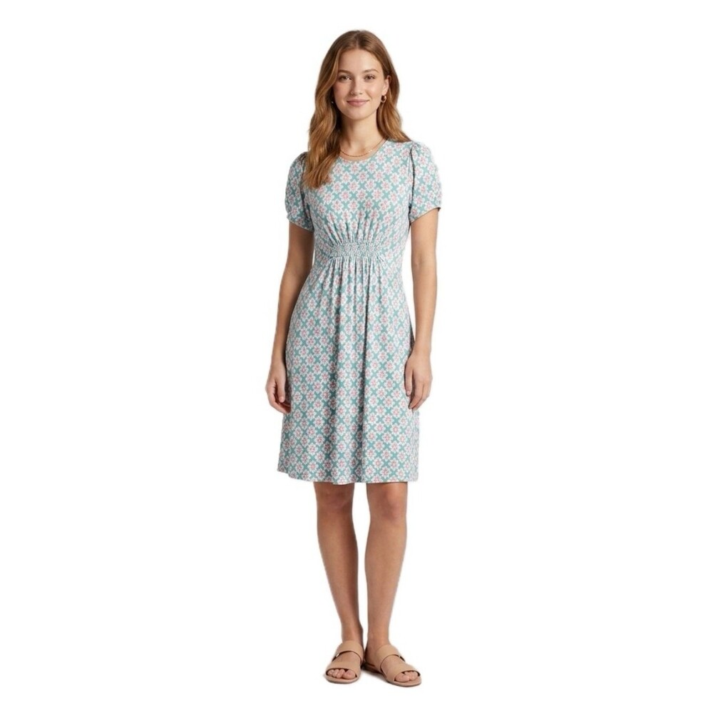 Boden Green & Pink Floral Geometric Print Smocked Waist Dress